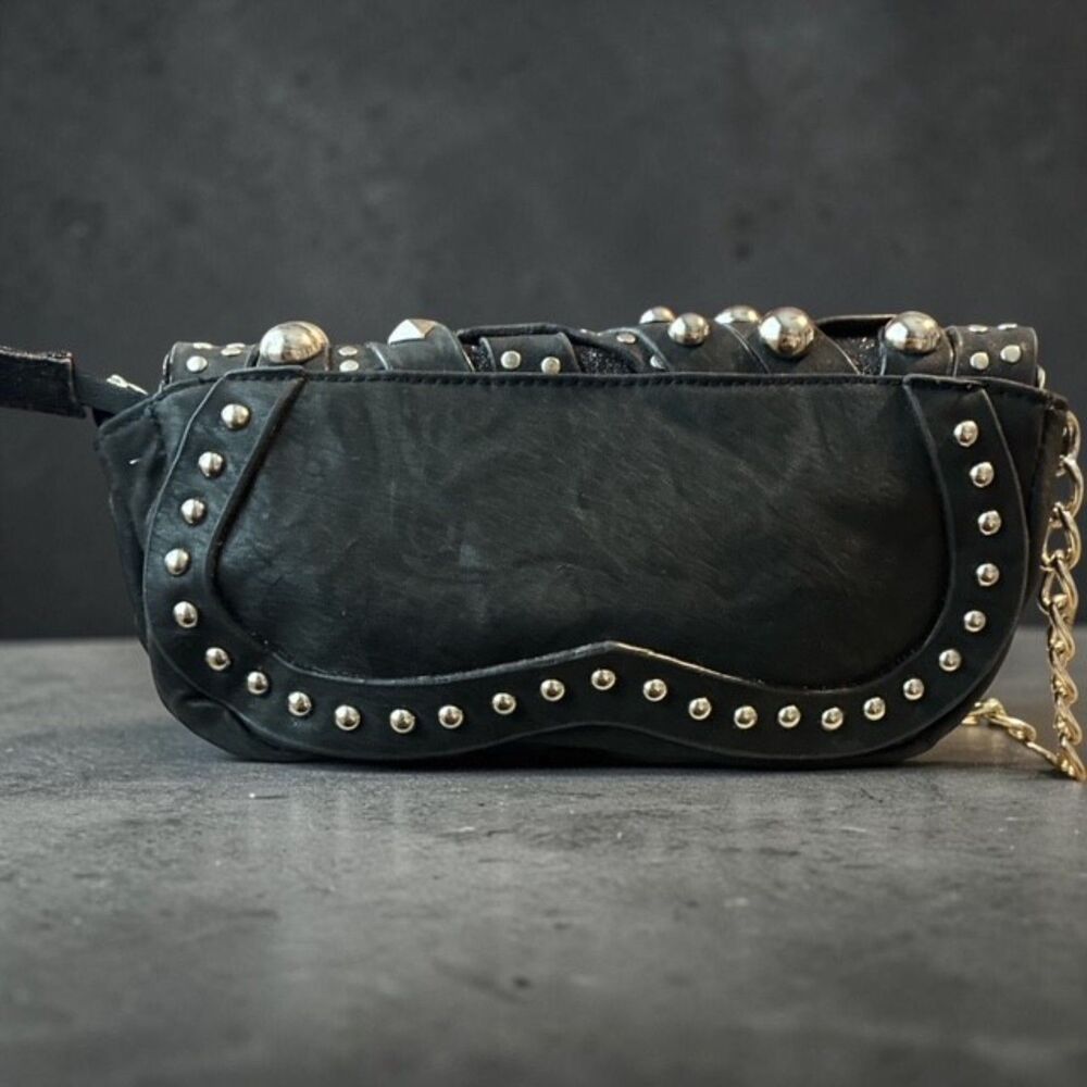 Nicole Lee USA Black Studded Crossbody Bag Woven Suede Leather Chain Clutch EUC - Picture 2 of 4